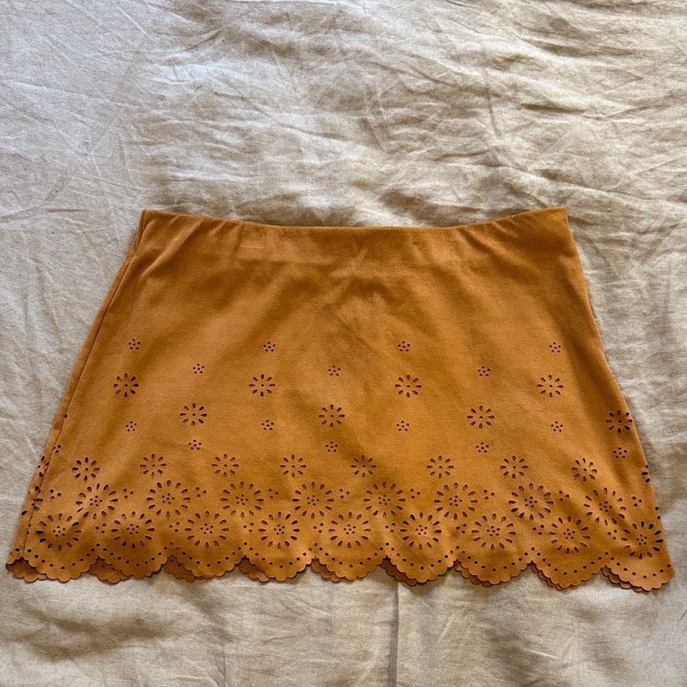 Brown Suede Mini Skirt with Floral Details
